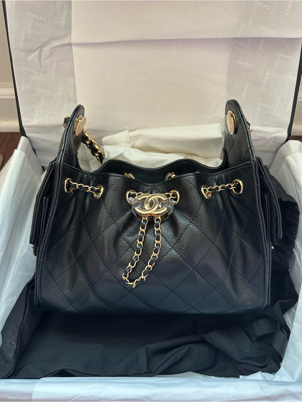 CHANEL 25 mini Black Quilted Leather Shoulder Bag with shinny Gold hardware